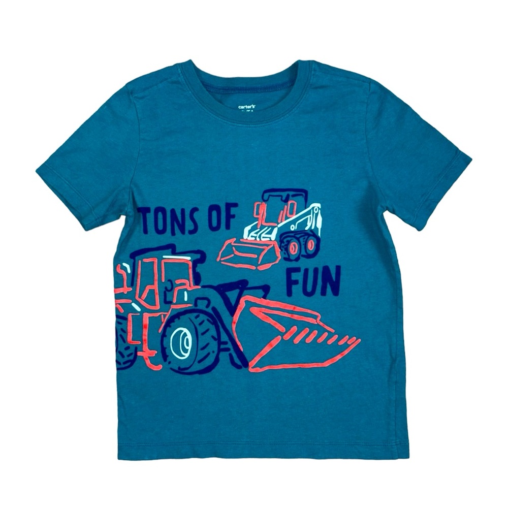 Like New Carter’s Construction Trucks 5T Teal Blue Front Loader Skid Steer Shirt